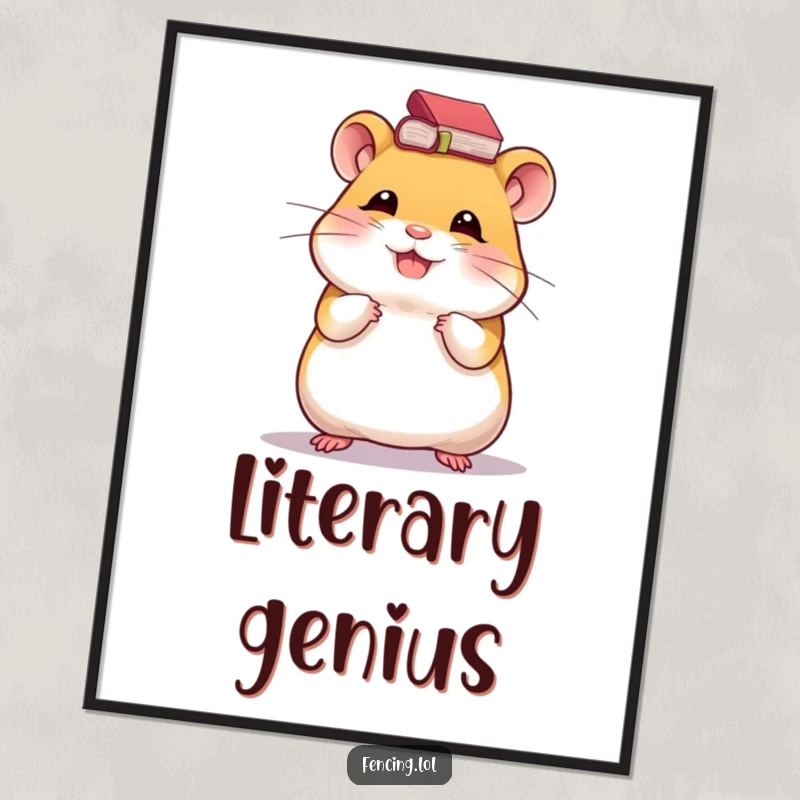 Funny poster depicting a giggling hamster with a tiny book balanced on its head, radiating joy and studious charm.