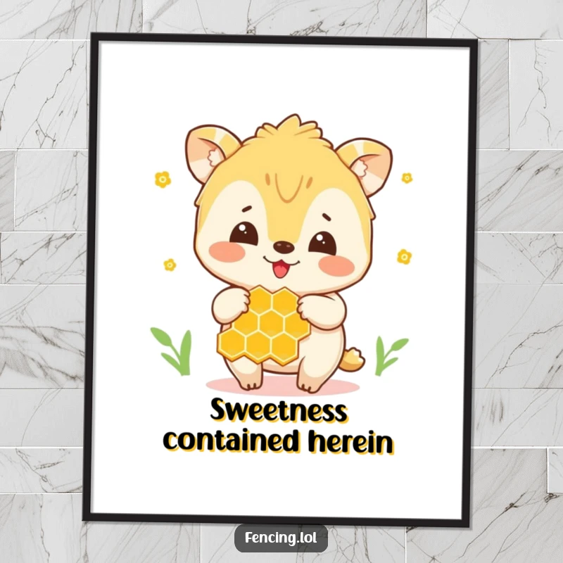 Funny poster of a happy animal tenderly holding a honeycomb, perfect wall art for a sweet, humorous touch.