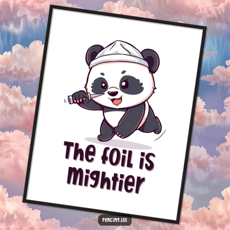 Funny poster print of a determined, small panda wearing a tiny foil hat lunging forward with a foil, a comical and inspiring piece.