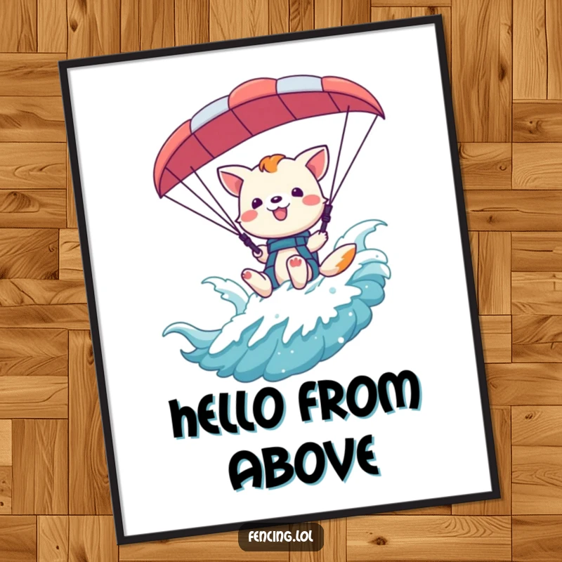Funny playful animal waving from a paraglider harness, captured in a vibrant poster for cheerful decor.