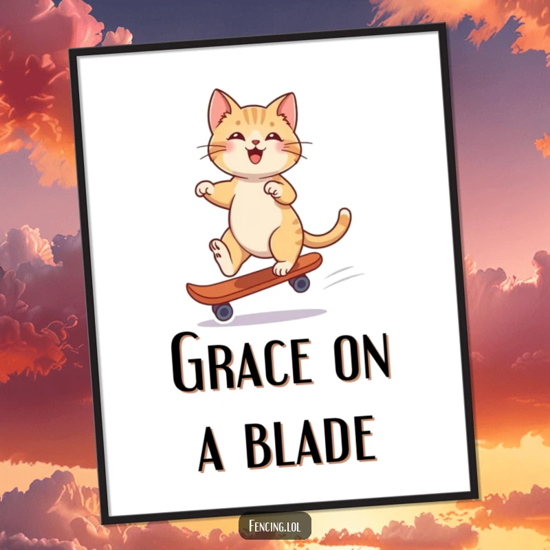 Funny poster illustrating a playful cat gliding effortlessly on a single roller skate, demonstrating remarkable balance.