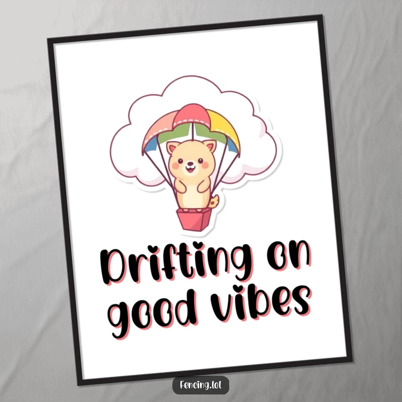 Funny poster showing a happy animal descending from a fluffy cloud on a colorful parachute.