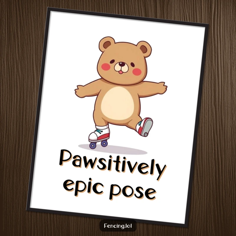 Funny poster showing a determined bear in a spectacular split on roller skates, capturing a moment of pure athletic humor.