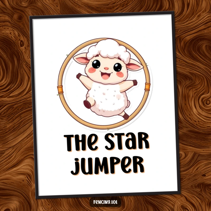 Funny, grinning sheep joyfully leaping through a hoop, playful and humorous wall art poster.
