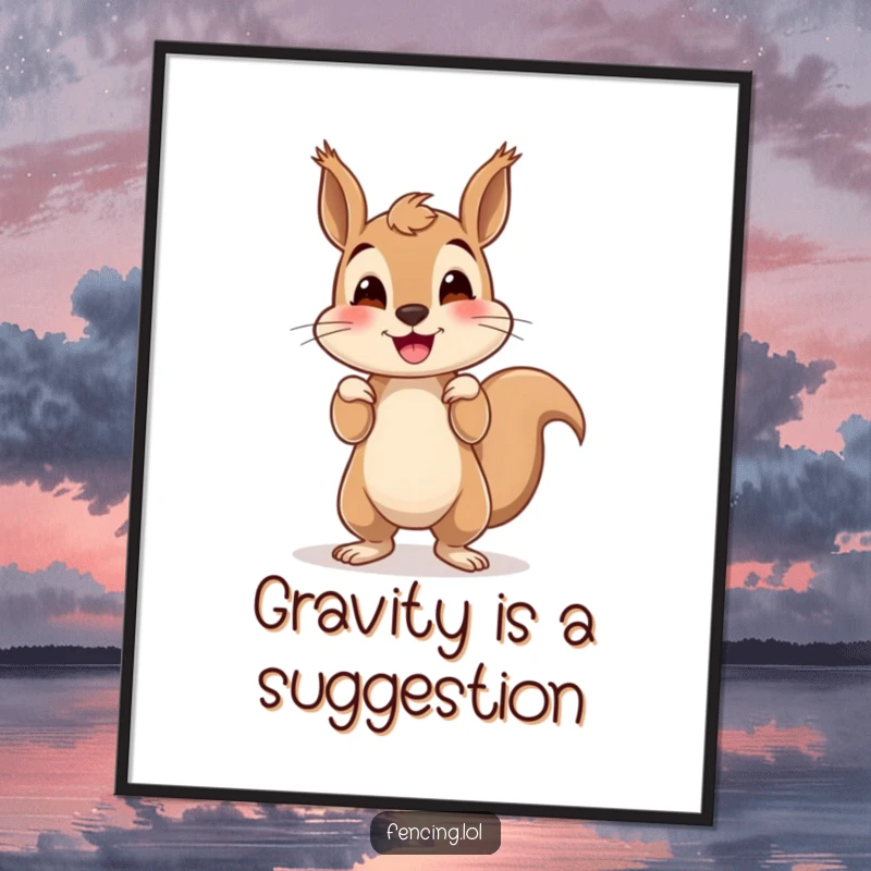 Funny squirrel poster depicting a smiling squirrel mid-handstand, wobbling comically, adding a humorous touch to any wall.