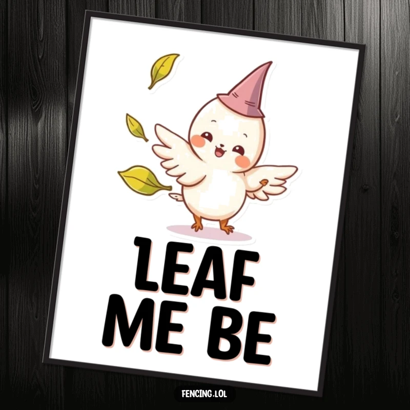 Funny poster print of a cheerful, winged creature with a tiny pointed hat parrying a playfully tossed leaf, a magical and humorous illustration.