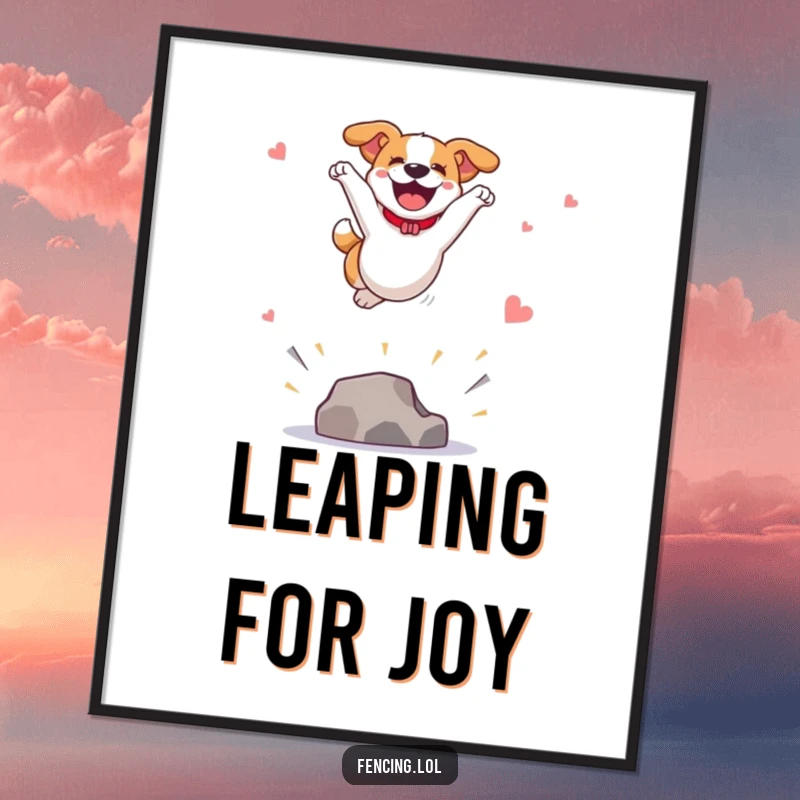 Funny poster illustrating a joyful dog performing a spectacular vault, capturing the height of canine action and pure, unadulterated happiness.