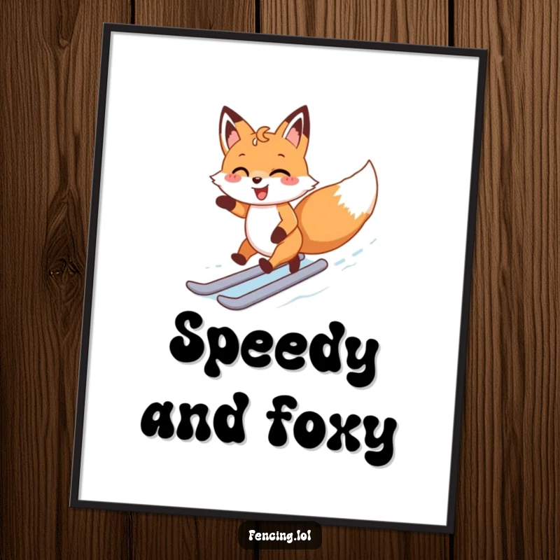 Funny poster capturing a happy fox joyfully zipping around an ice rink, radiating excitement and winter cheer.