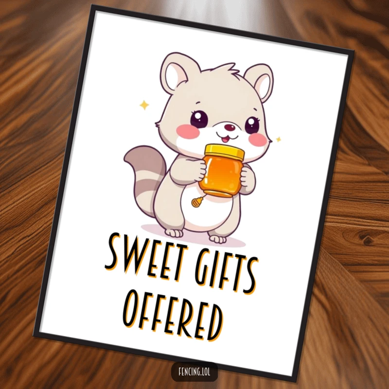 Funny poster of a playful animal offering a full jar of honey, perfect art for a cheerful, humorous space.