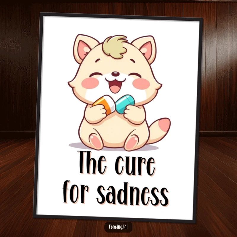 Funny poster, joyful animal gently giving a colorful pill, a heartwarming and humorous piece of wall art.