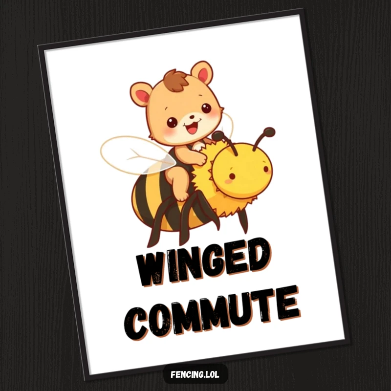 Funny animal poster depicting a cheerful animal riding a large bee, adding whimsical humor to any room.