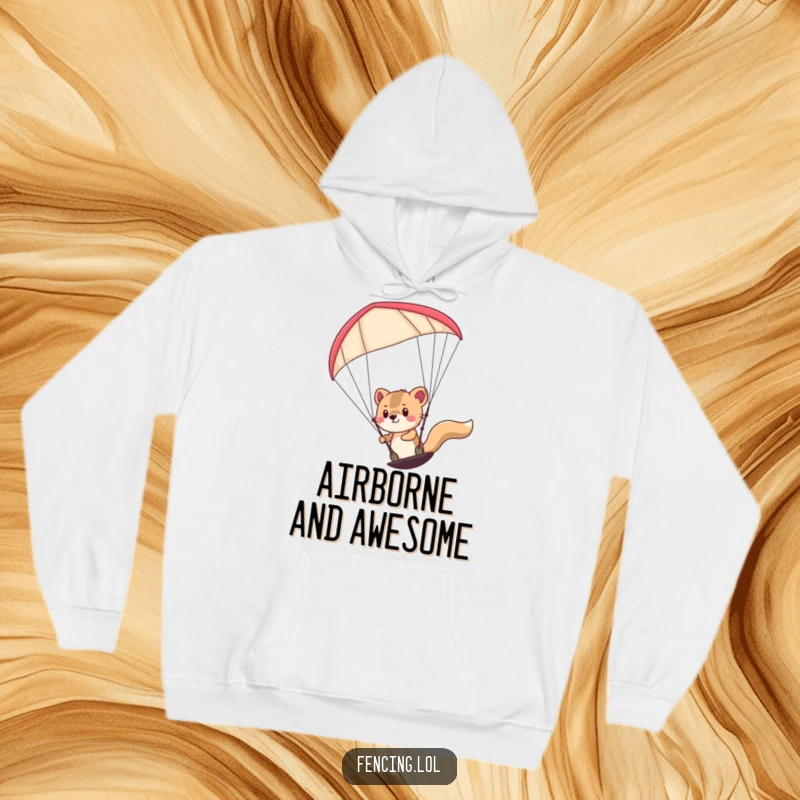 Funny determined animal paragliding, looking focused and ready for adventure on a cozy hoodie.
