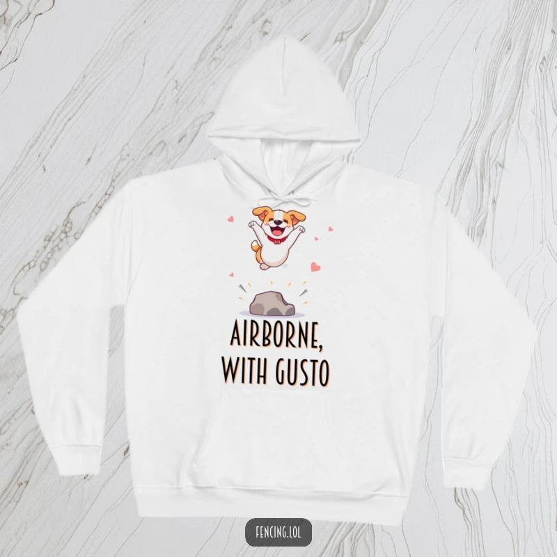 Funny hoodie featuring a joyful dog performing a spectacular vault, offering warmth and a dynamic display of canine athleticism.