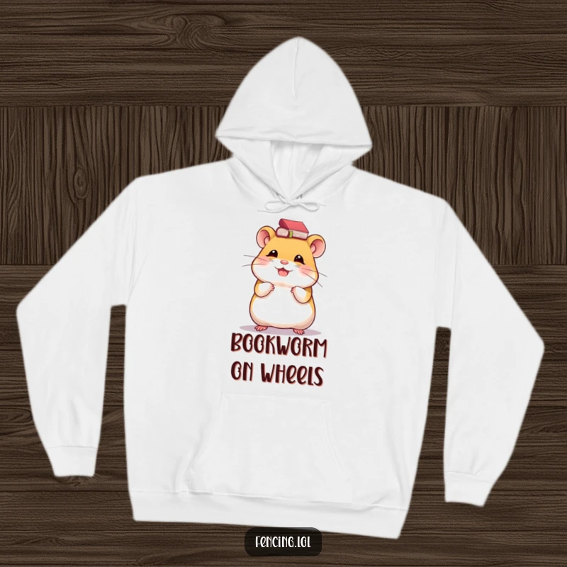 Funny hoodie with a giggling hamster balancing a tiny book on its head, offering warmth, comfort, and intellectual charm.