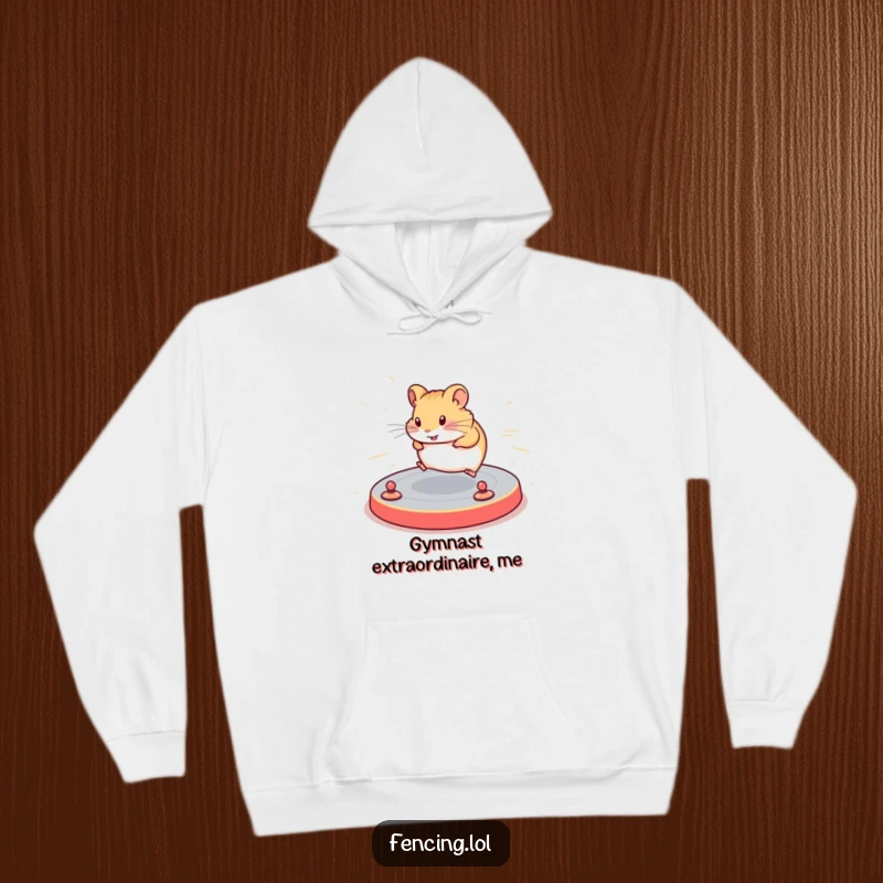 Funny hoodie depicting a determined hamster navigating a complex floor routine with speed, offering warmth and inspiration for athletes.