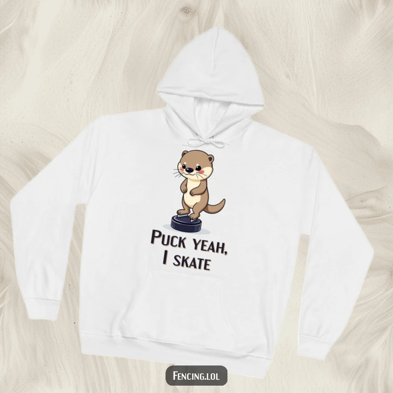 Funny hoodie depicting a determined otter balancing on a puck while skating, designed for comfort and conveying pure, impressive humor, an excellent gift.