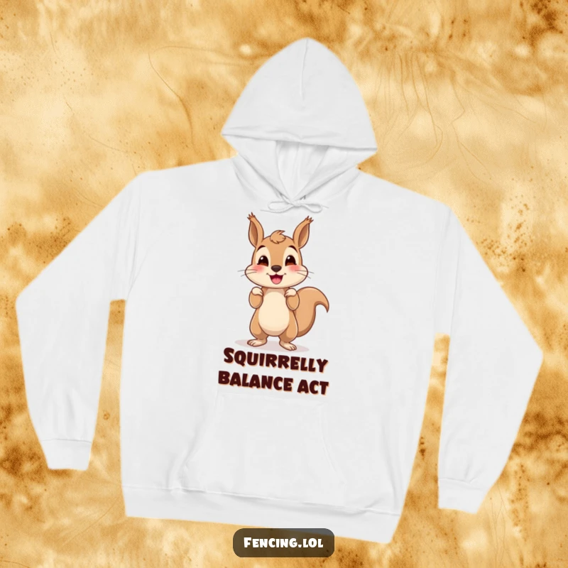 Funny squirrel hoodie showing a smiling squirrel attempting a handstand, looking determined yet endearingly unstable, a true comedic gem.