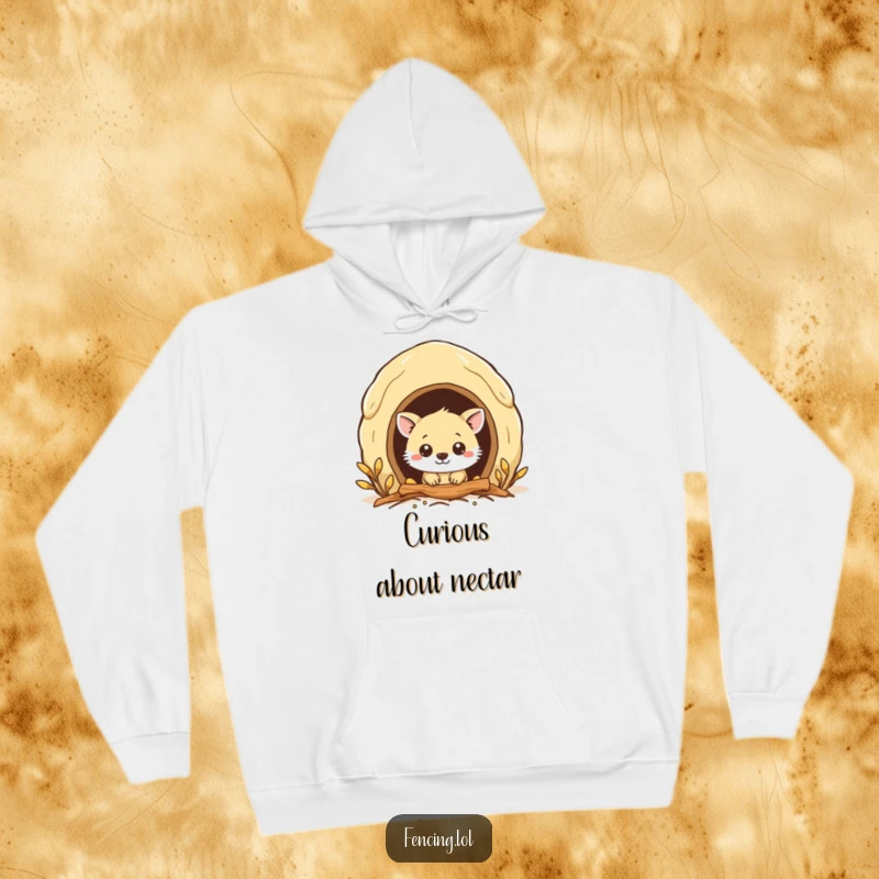 Funny hoodie depicting a curious animal peeking into a beehive, offering warmth and humorous exploration.