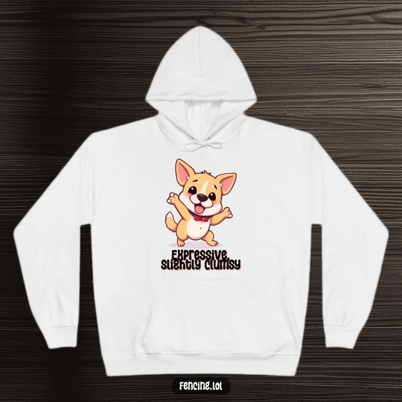 Funny wobbly dog hoodie, tripping while gesturing grandly, cozy and humorous, relatable clumsiness, great funny gift.