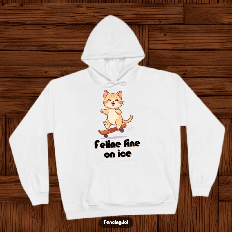 Funny hoodie showing a playful cat gliding smoothly on a single skate, exuding confidence and feline grace.