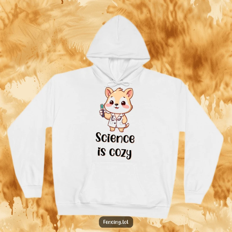 Funny hoodie showing a happy animal in a tiny lab coat, focused on checking a temperature reading.