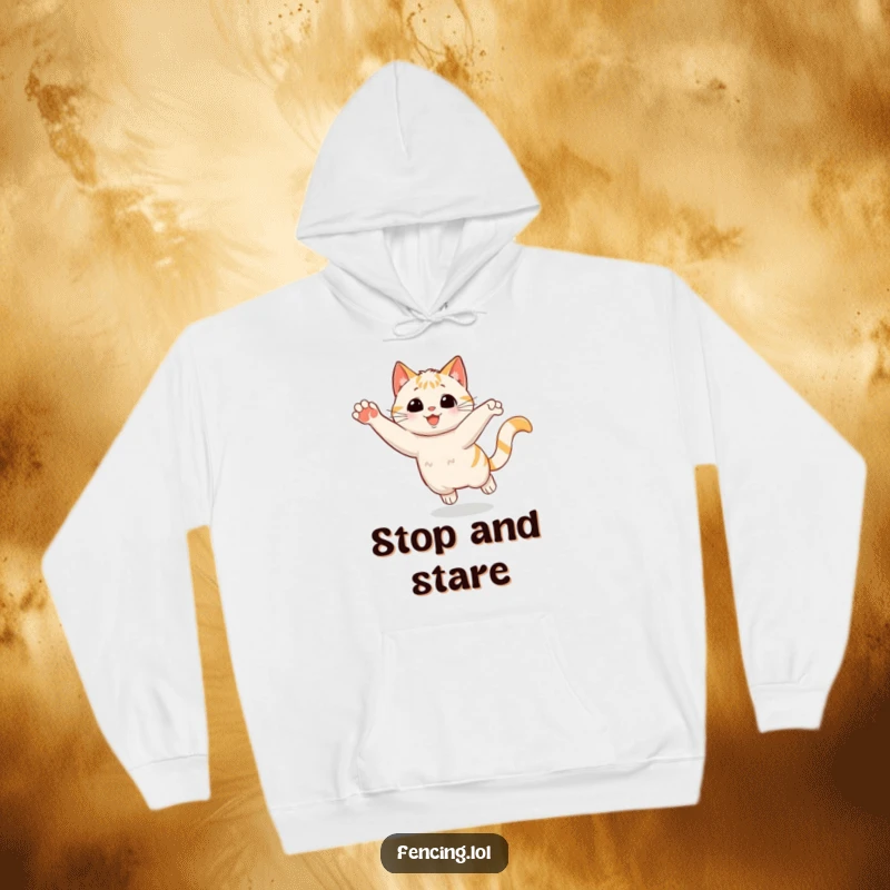 Funny Hoodie: A playful cat making a sudden, stylish stop with a flourish, capturing dramatic flair and cozy comfort.