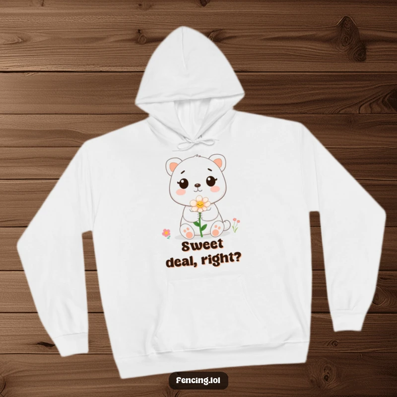 Funny cute animal extending a colorful flower towards a busy bee, printed on a cozy hoodie, delighting nature lovers.