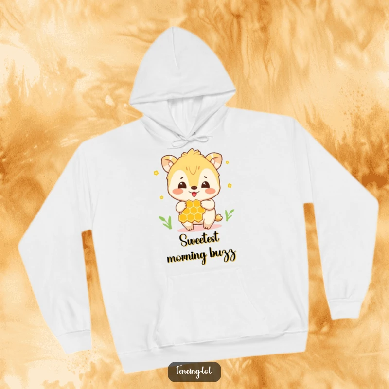 Funny hoodie depicting a happy animal cradling a honeycomb, offering warmth and cheerful humor.