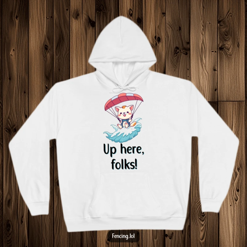 Funny playful animal waving cheerfully from a paraglider harness, featured on a cozy hoodie design.