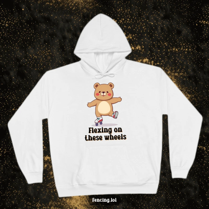 Funny hoodie depicting a determined bear executing a perfect split while wearing roller skates, ready to impress.