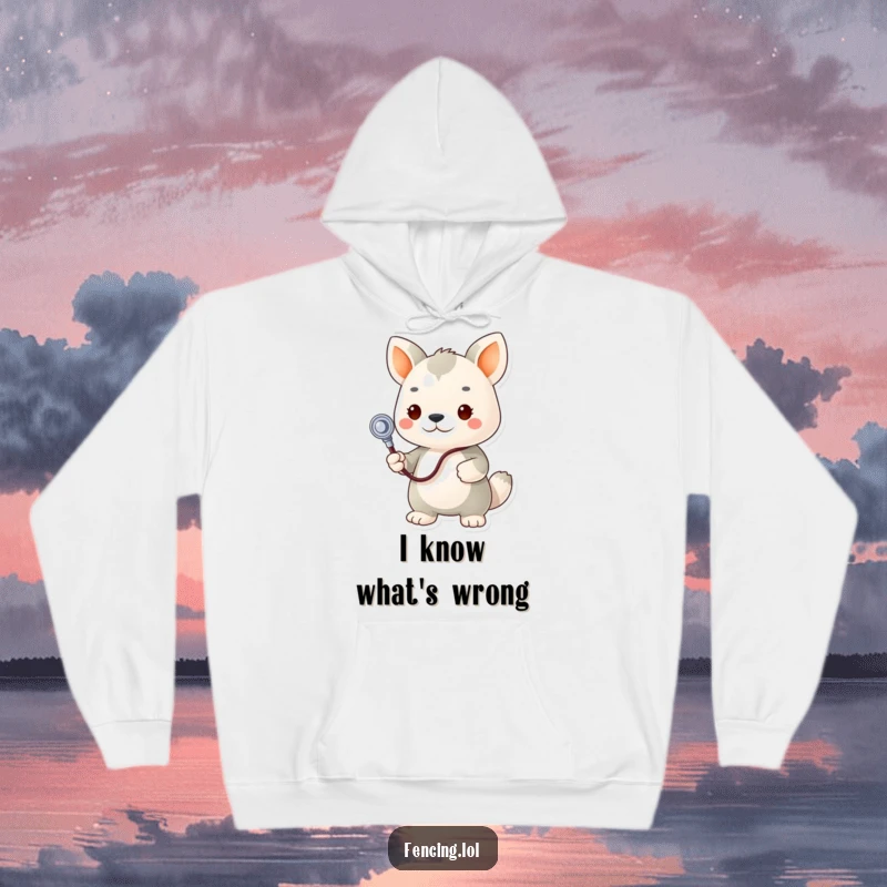 Funny hoodie, determined animal vet using stethoscope on a plush toy, radiating warmth and playful medical humor.