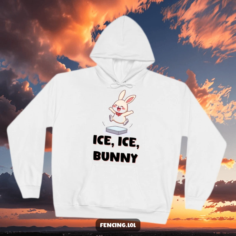Funny hoodie depicting a giggling bunny attempting a triple jump on ice, designed for comfort and conveying pure, exhilarating humor, an excellent gift.