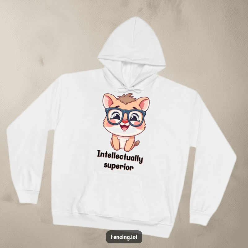 Funny hoodie displaying a giggling animal wearing oversized glasses, designed for ultimate comfort and laughter.