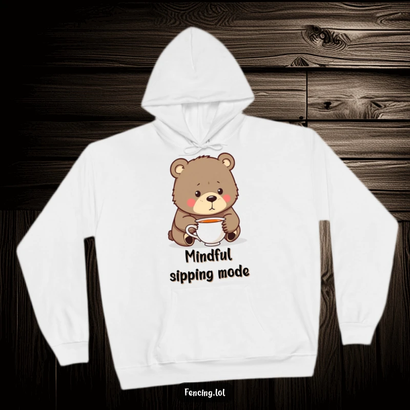 Funny Hoodie: A bear in deep, humorous contemplation over a teacup, offering warmth and a thoughtful, funny vibe for relaxed wear.