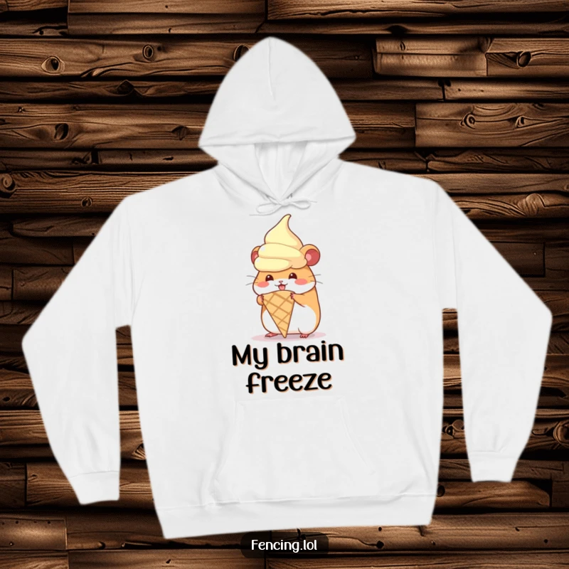 Funny hoodie depicting a hamster adorably attempting to wear a huge ice cream cone, designed for dessert lovers.