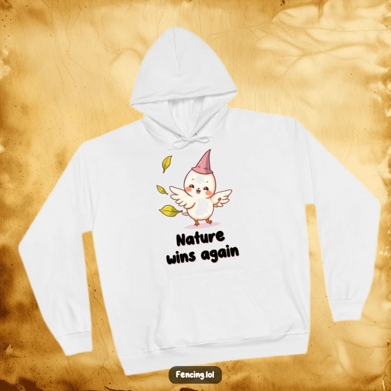 Funny hoodie showing a cheerful, winged creature wearing a tiny pointed hat parrying a playfully tossed leaf, embodying magical resistance and charm.