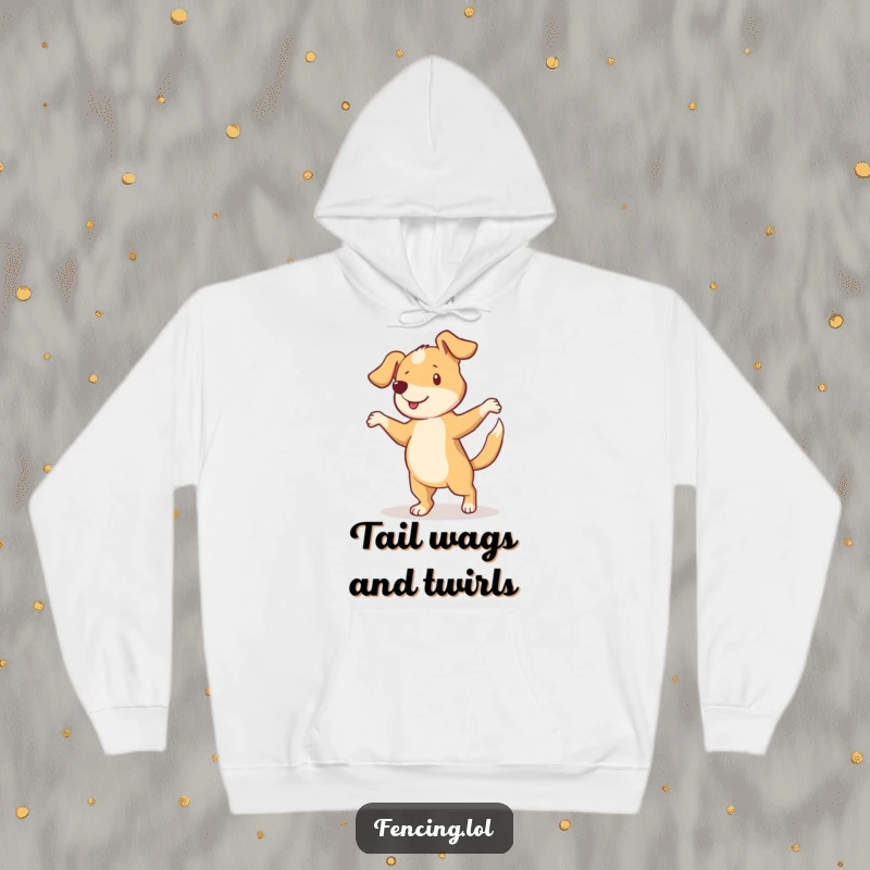 Funny hoodie depicting a curious dog doing a pirouette with a happily wagging tail, full of energy and fun.
