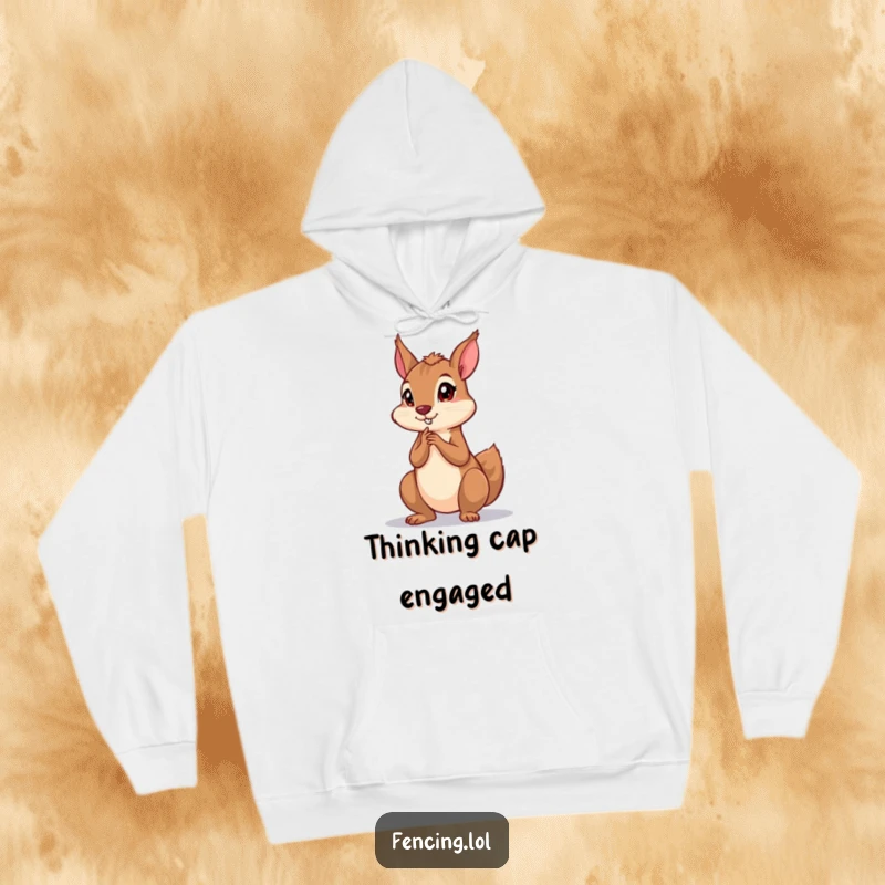 Funny hoodie showcasing a playful squirrel striking a dramatic, intense thinking pose, perfect for cozy contemplation and witty style.