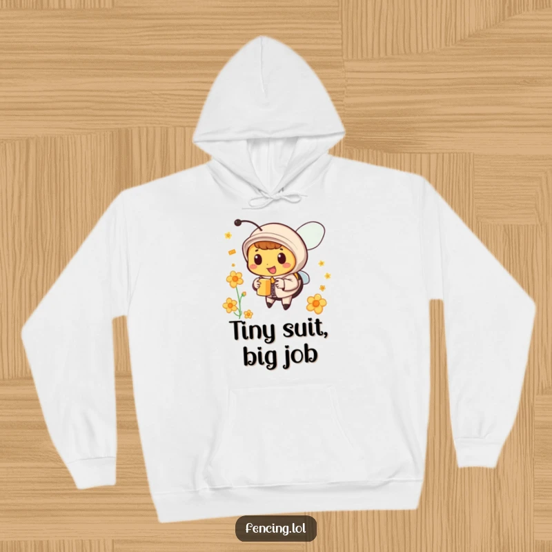 Funny bee hoodie depicting a happy, suited bee collecting nectar, a warm funny gift.
