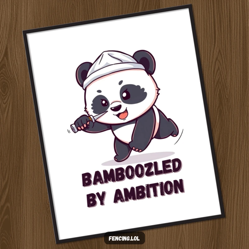Funny Free Printable Wall Art: Determined panda with a tiny foil hat lunges forward with a foil.