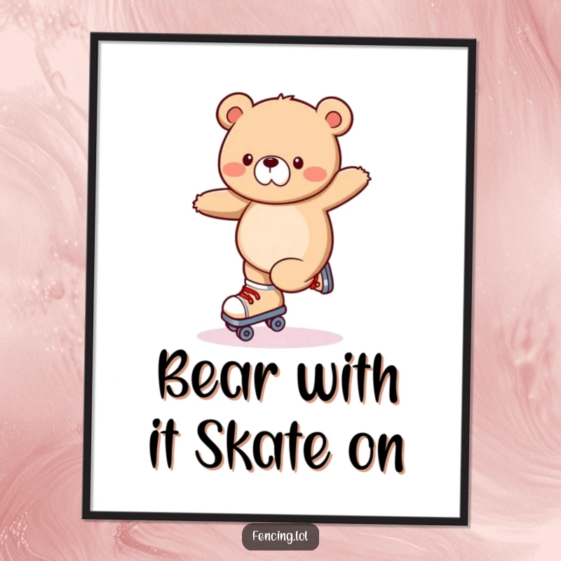 Funny Free Printable Wall Art: A wobbly bear hilariously attempts a roller skating trick, legs akimbo, mid-fall.