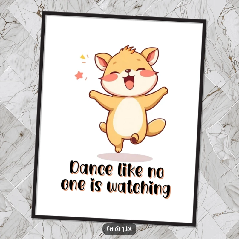 Free Printable Wall Art: A giggling animal is captured doing a silly, energetic dance in the air. Fun, downloadable art.