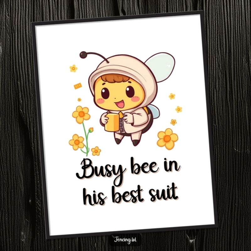 Funny Free Printable Wall Art: Happy bee wearing a tiny suit, collecting nectar with impeccable style and humor.