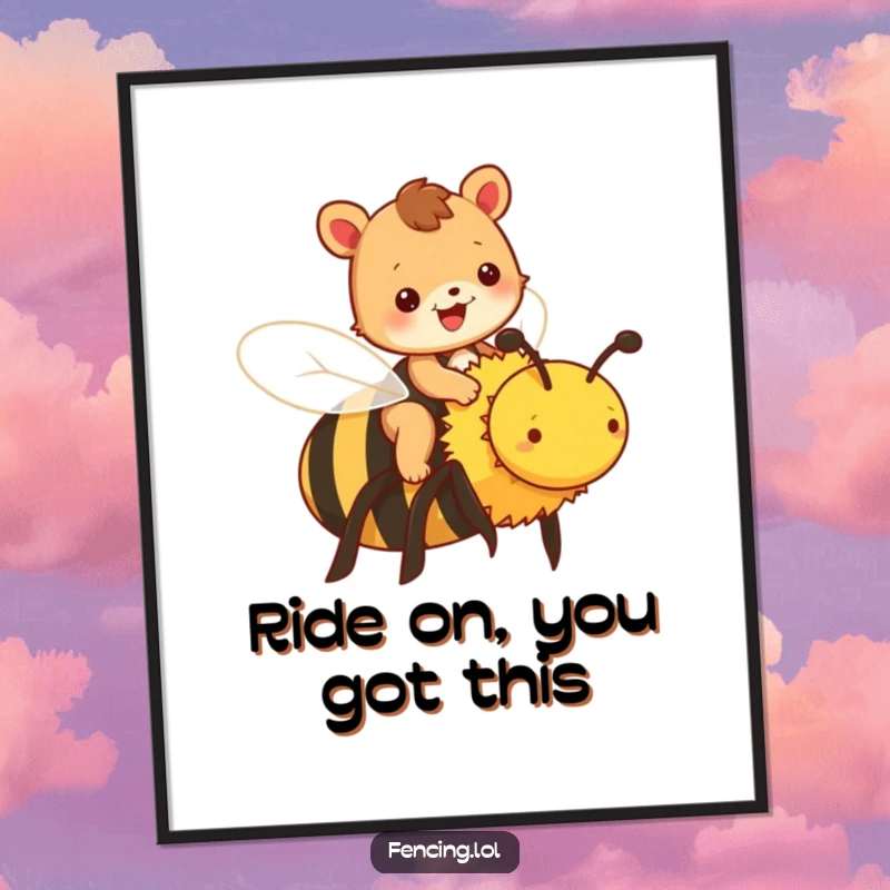 Funny Free Printable Wall Art: A cheerful animal joyfully rides on the back of a large, buzzy bee.