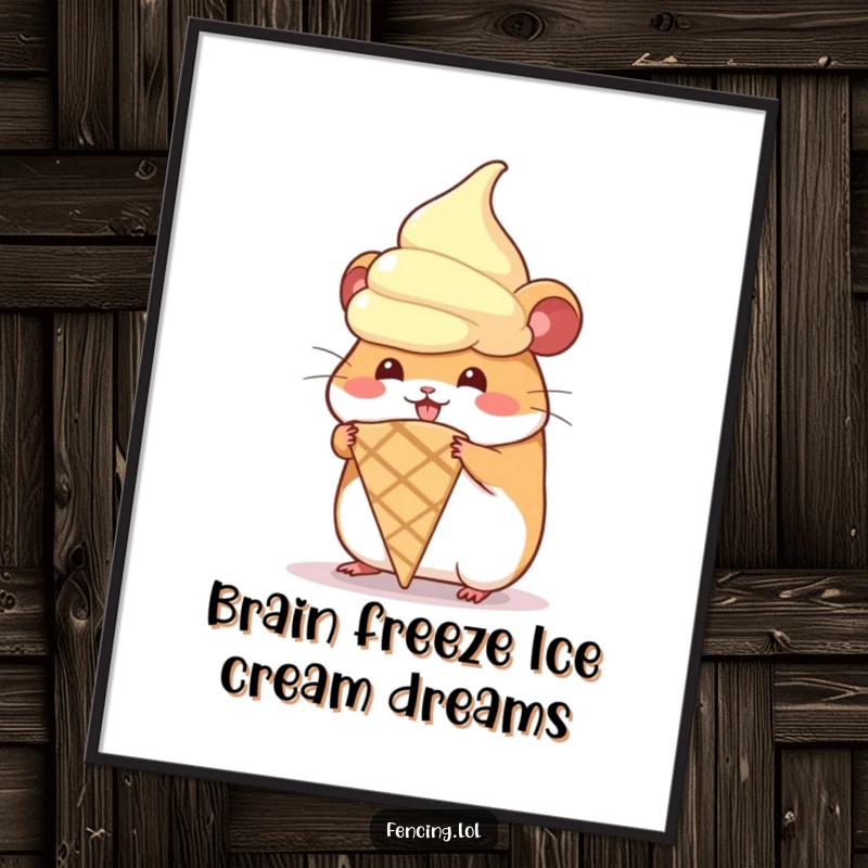 Funny Free Printable Wall Art: A hamster comically attempts to wear a giant, melting ice cream cone, a whimsical scene.
