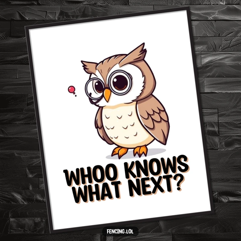 Funny Free Printable Wall Art of a wise owl wearing a monocle, pondering a giant question mark with intellectual curiosity.