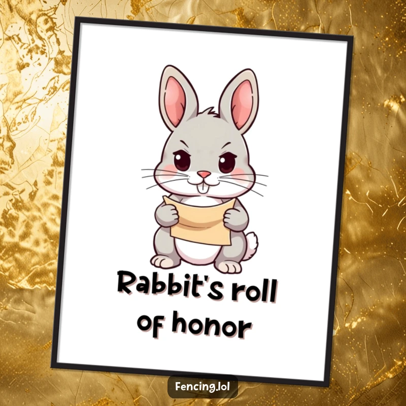 Funny Free Printable Wall Art of a determined rabbit holding a small scroll, gazing forward with unwavering focus.