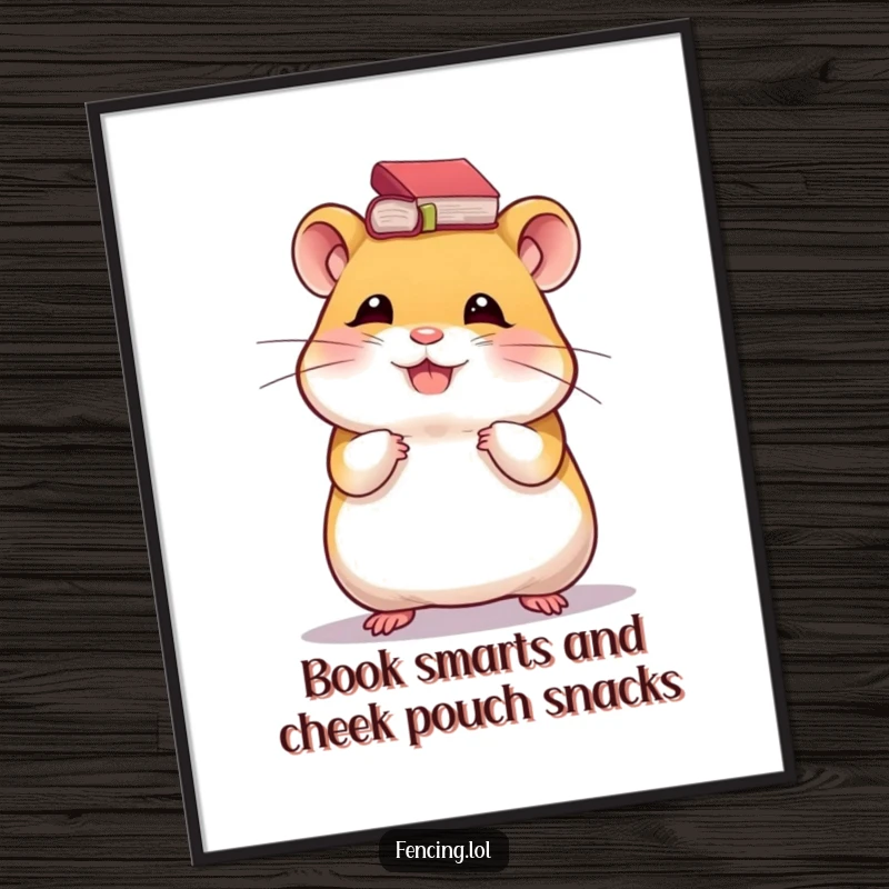 Funny Free Printable Wall Art: Giggling hamster balancing a tiny book on its head, intelligent and cute, humorous downloadable decor.