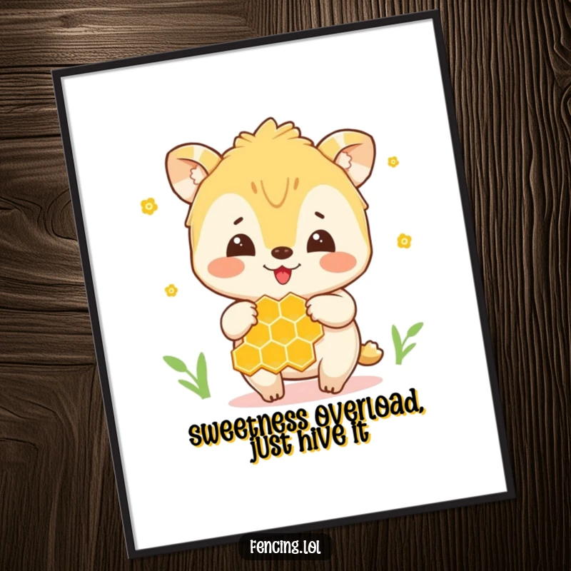 Funny Free Printable Wall Art: Joyful bee gently handling a dripping honeycomb, perfect for kitchen decor.