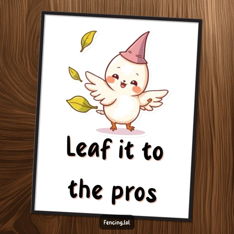 Funny Free Printable Wall Art: Cheerful winged creature with a tiny pointed hat parries a playfully tossed leaf.